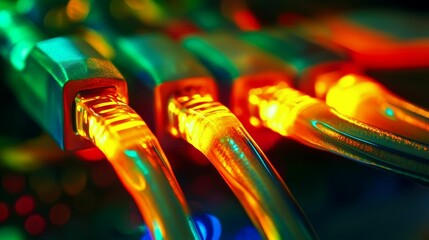 Obraz premium Vibrant cables glow, network connection detail.
