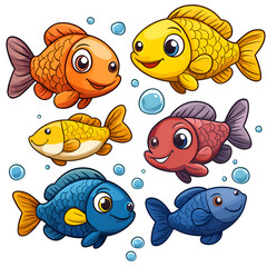 Naklejka premium Colorful Cartoon Goldfish Collection for Kids Art with Playful Underwater Scene and Bubbles