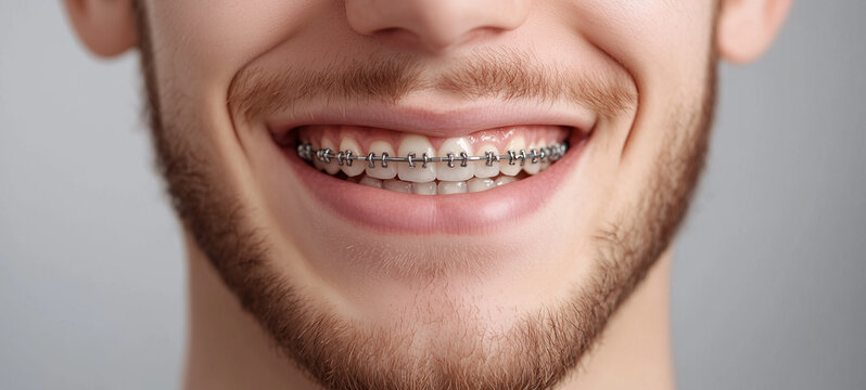 smiling male braces on teeth. orthodontic treatment.