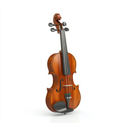 Fototapeta premium Classic Wooden Violin Standing Upright on White Background, Glossy Finish, Musical Instrument Display