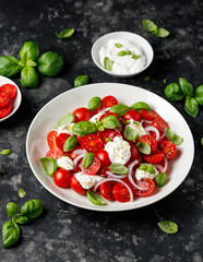 Ricotta cheese salad with cherry tomatoes, onion and basil. Healthy food