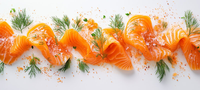 salmon steak with spices on a white wooden table.