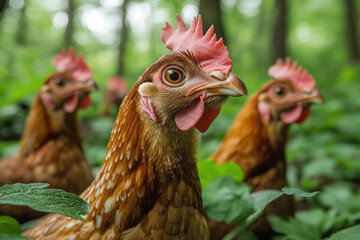 Fototapeta premium Close-up of hens in their natural environment. The central position is occupied by a hen with expressive brown-golden plumage and a bright red comb. Her large, 
