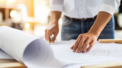 A close-up of an architect reviewing blueprints at a construction site office, Construction planning scene, Architectural oversight style