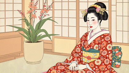Elegant geisha in floral kimono indoors, cultural serenity