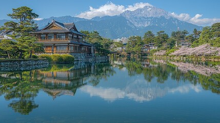 Naklejka premium Serene Japanese Garden with Mountain Reflection