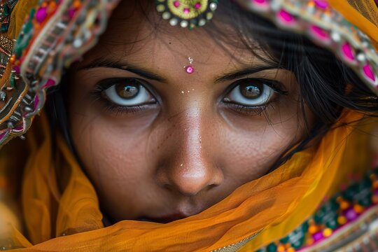 Portrait of a young indian woman with brown eyes wearing traditional orange veil and jewelry