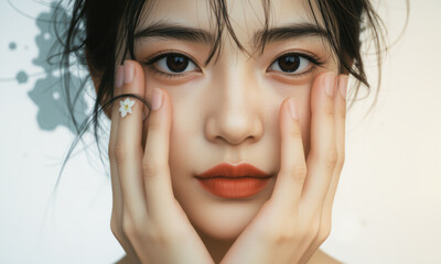 young woman with expressive eyes and delicate features gently holds her face, showcasing serene and thoughtful expression. Her hair is styled naturally, and small flower ring adorns her finger
