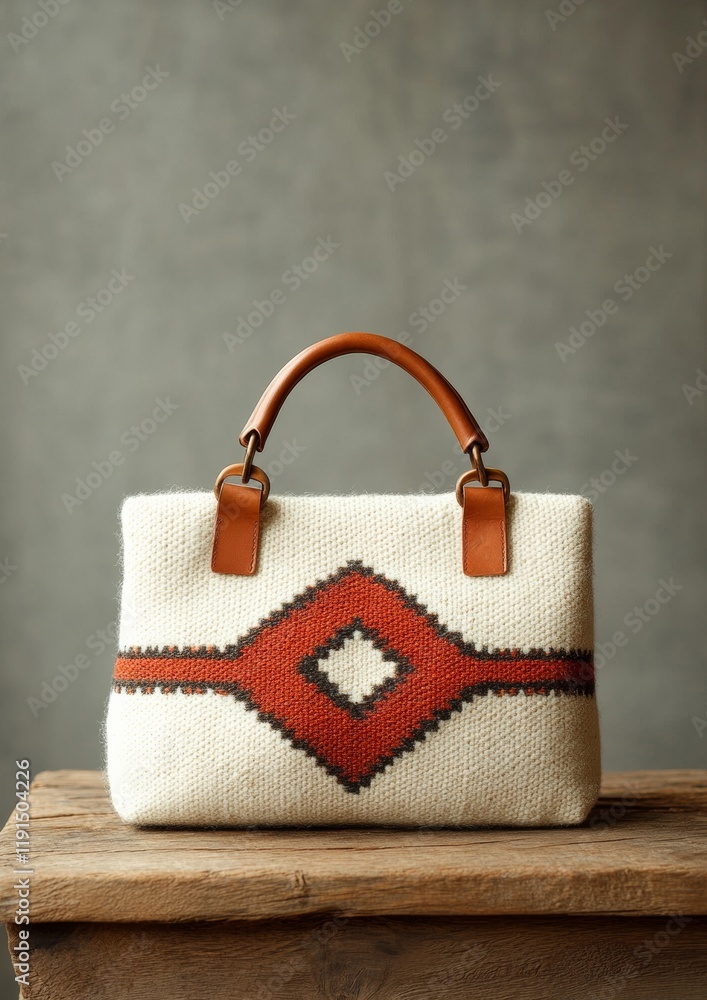 Poster Stylish Handbag with Ethnic Patterns on Rustic Table in Natural Light