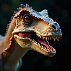 A detailed close-up of a dinosaur's head with an open mouth