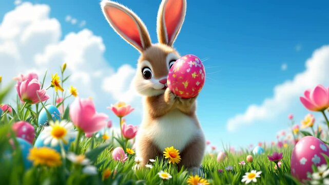 Playful Cartoon Bunny Hops in a Colorful Easter Meadow with Spring Flowers and Eggs