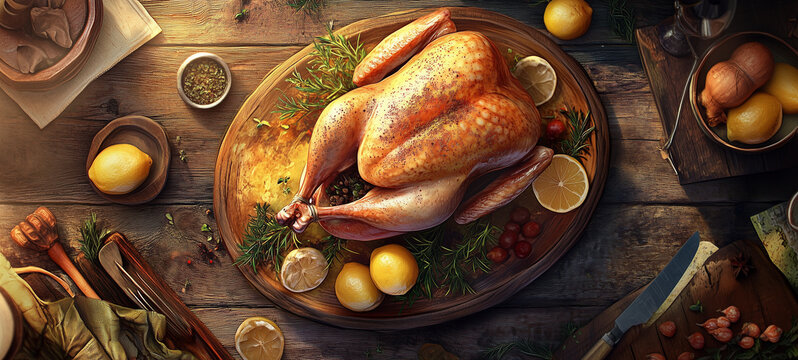 composition with tasty chicken, spices and fruits on wooden background
