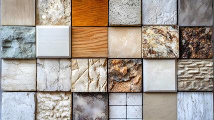 Moodboard with square samples, pine wood, light pine wood samples, pine wood, textured concrete, limestone rock, beige sandstone, textured plaster, minimalist look. Glimmerstone. Illustration