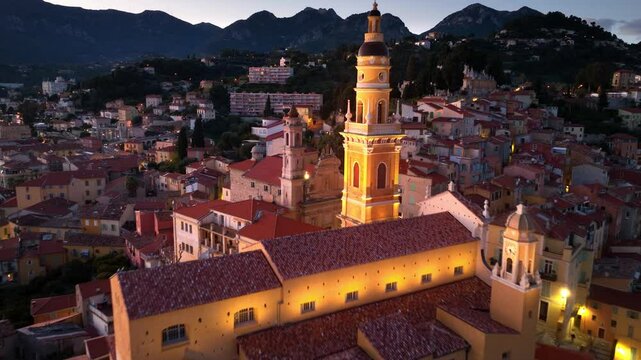 Night aerial view of Menton resort on French Riviera, south of France, Cote d Azur holiday destination, Menton in the evening drone shot