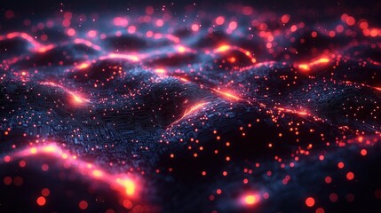 Fototapeta premium Abstract glowing red and blue particles forming wavy landscape.