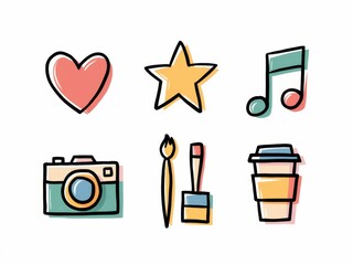 Colorful Hand Drawn Icons Of Hobbies And Interests