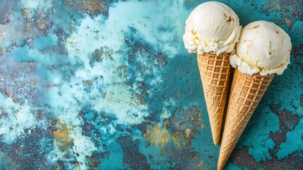 Two Chocolate Fudge Ice Cream Cones on Blue Textured Background