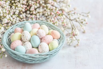 Fototapeta premium Pastel easter eggs nest with spring flowers decoration