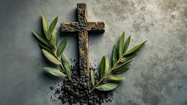 Ash Wednesday Symbol With Ashes, Cross, and Olive Leaves on a Concrete Stone Background