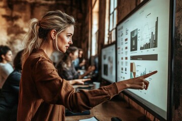 Female caucasian adult analyzing data on interactive screen in office environment