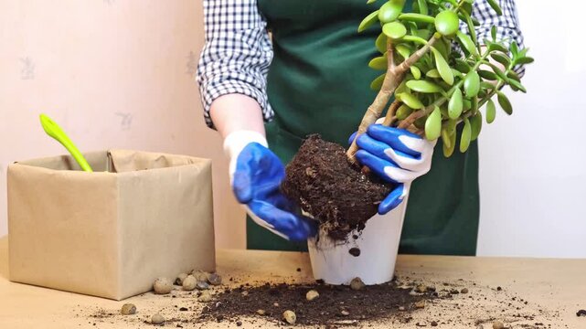 Woman transplants a houseplant into a large flower pot. Houseplant care, annual flower transplant.