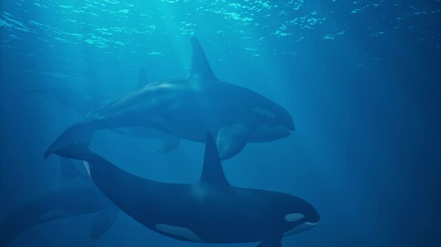 A group of orca whales swim underwater
