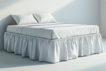 Minimalist bedroom featuring soft, ruffled bed skirt and plush p