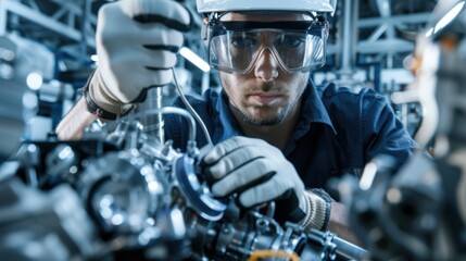 A close-up of an automotive engineer in protective gloves and goggles fine-tuning a car engine in a high-tech garage, High-tech garage scene, Detailed and innovative style