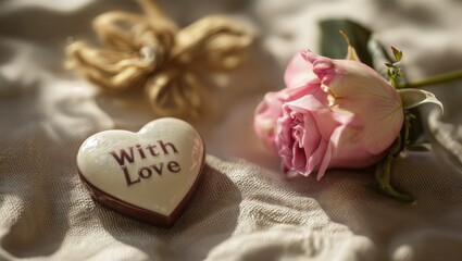 Love and Rose Still Life. Elegant composition featuring a white ceramic heart with "With Love" text alongside a delicate pink rose on textured fabric in warm lighting.