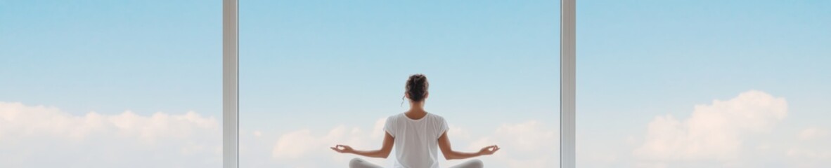 Obraz premium Serene Meditation by Office Windows at Sunset Achieving Mindful Work-Life Balance