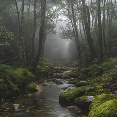 Obraz premium Misty forest stream, moss-covered rocks, tranquil scene. Sunlight filters through the fog, creating an ethereal atmosphere.