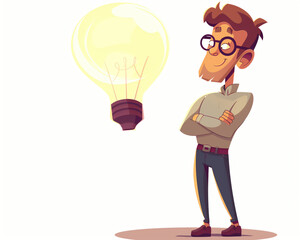 Creative Concept Illustration with Man and Glowing Lightbulb Symbolizing New Ideas and Innovation