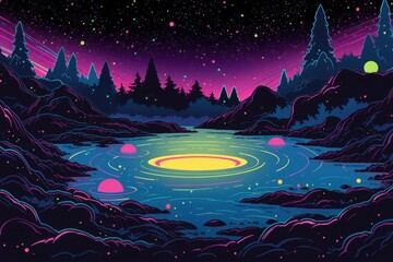 Neon Dreamscape Lake Surrounded by Silhouetted Trees and Rocks