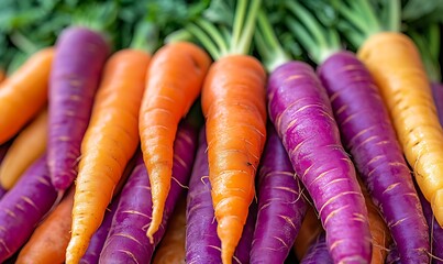 A close-up shot of a pile of orange and purple carrots