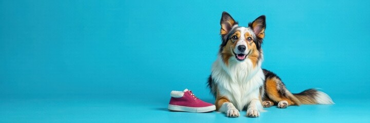 Australian Shepherd sits on blue background with slipper near sneakers, blue background, pets