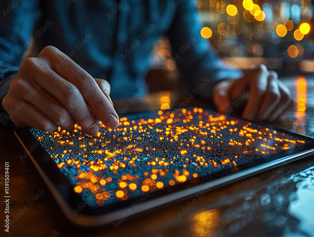 Poster business professional analyzes blockchain ledger on a holographic tablet with glowing transaction de