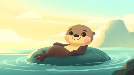Cartoon Seal Relaxing in Ocean Sunset