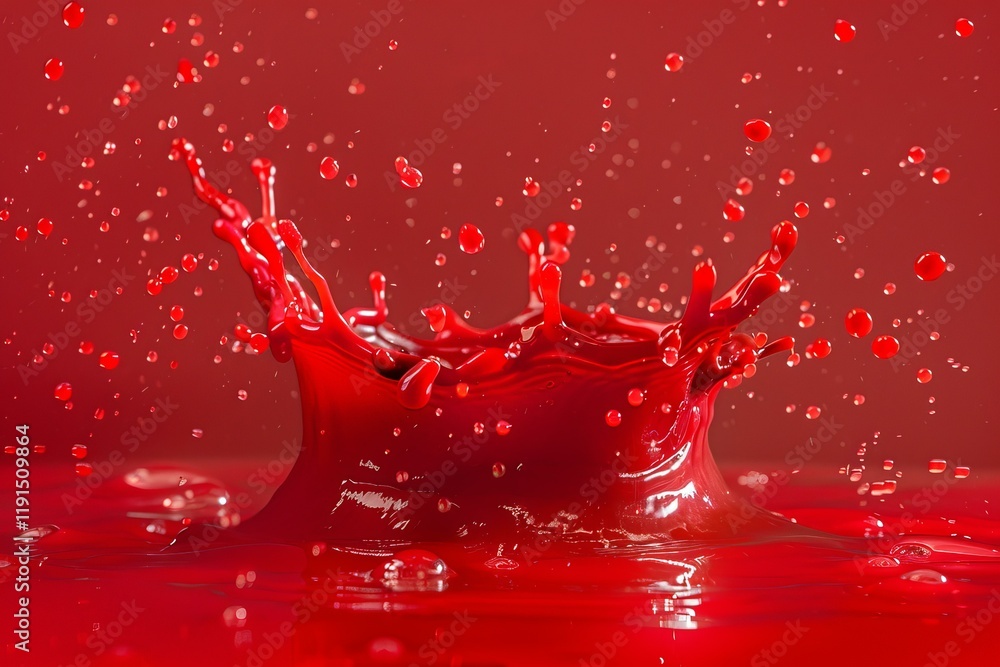 Poster red liquid splashing and making a crown shape with droplets on a red background