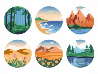 Fototapeta premium Six Circular Illustrations Depict Diverse Landscapes
