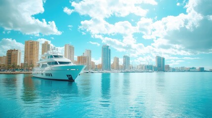 Luxury Yacht Docked Beside City Skyline Under Blue Sky