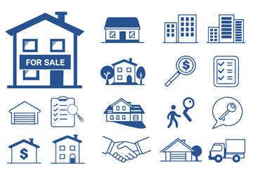 Real estate icons, property sale symbols, blue and white color scheme, simple vector graphics, house illustrations, key icons, document icons, money symbols, handshake icons, home search icons, apartm