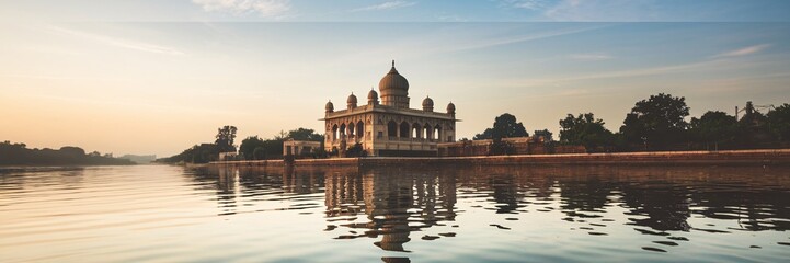 Obraz premium Sunrise view of a historical building reflecting in calm water.