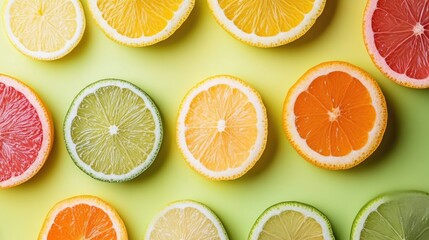 Obraz premium Colorful Citrus Fruit Slices Arranged on Green Background