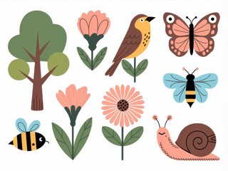A whimsical illustration of nature featuring flowers birds and insects