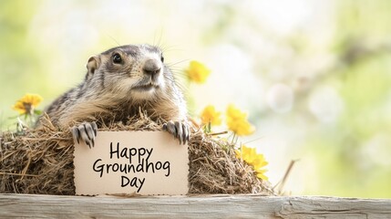 Charming groundhog peers out of his burrow, holding a sign "Happy Groundhog Day," symbolizing joy and anticipation of spring. Ideal for businesses celebrating seasonal events or promotions.