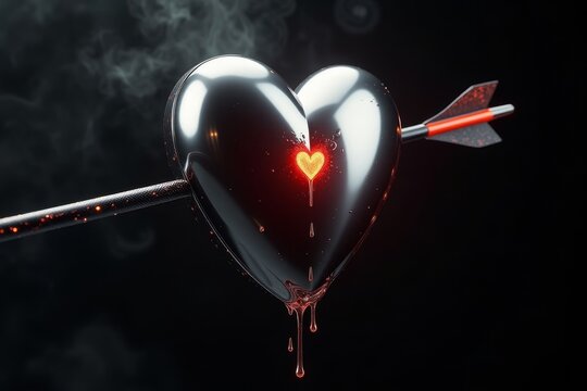 Heart pierced by arrow. A metallic heart pierced by a dark arrow with a glowing red tip, dripping red liquid, symbolizing heartbreak or passionate love.