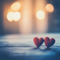 Fototapeta premium Two red hearts placed on a rustic wooden surface, captured with soft lighting and delicate shadows to highlight the texture details