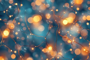 Abstract glowing golden lights and wires intertwined against a blurred blue background, creating a dreamy bokeh effect