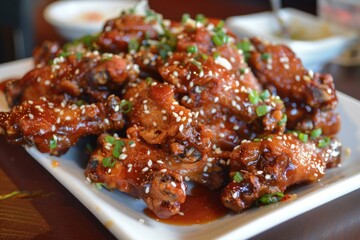 Fototapeta premium Close up of glazed chicken wings garnished with sesame seeds and chopped scallions, resting on a white rectangular plate