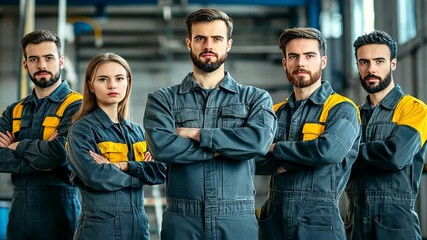 Confident Mechanics Team: A group of skilled mechanics, men and women, stand confidently in their grey and yellow work uniforms, arms crossed.